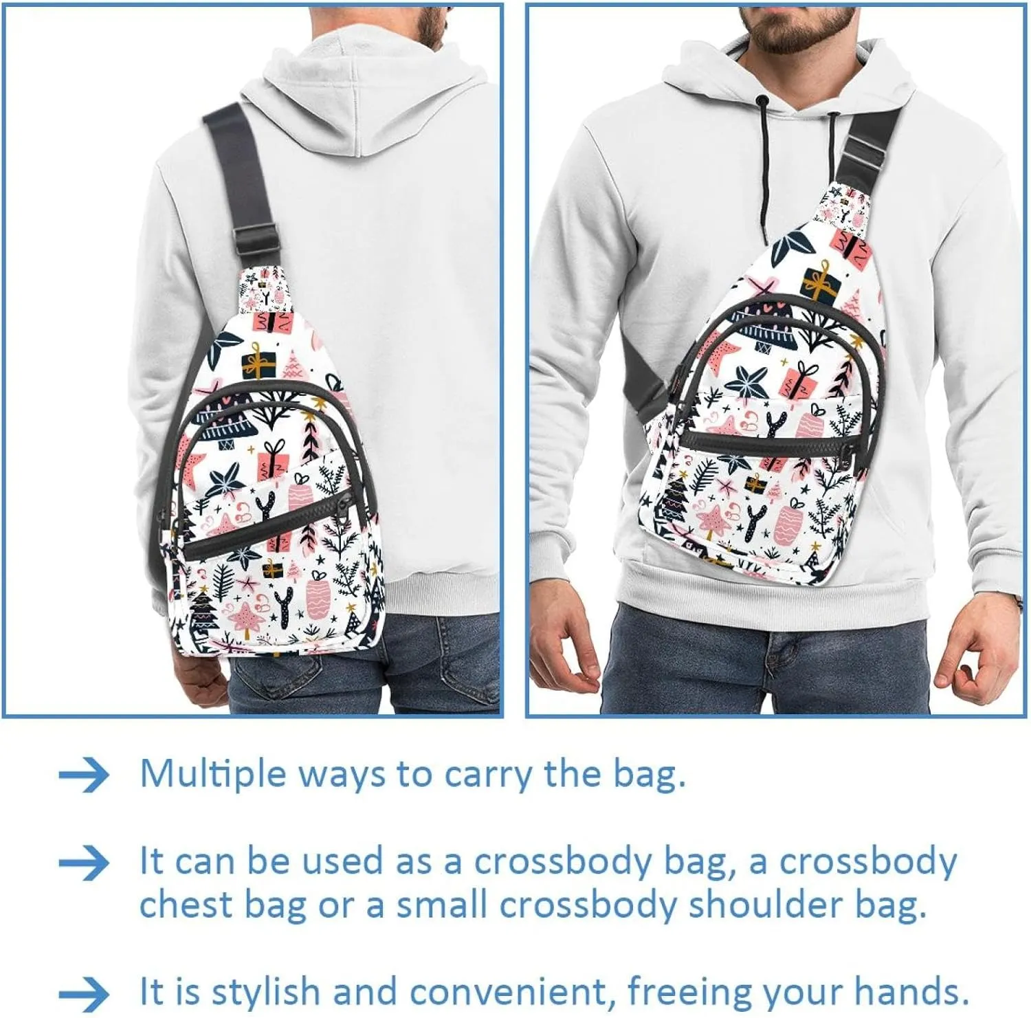Small Sling Backpack Crossbody Sling Bag, Chest Bag Daypack, Christmas tree gifts garlands stars twigs and leaves 6