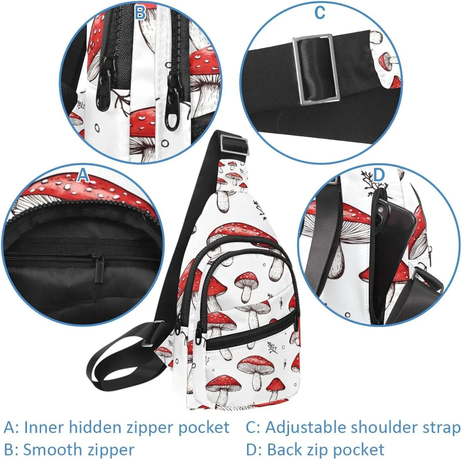 Small Sling Backpack Crossbody Sling Bag, Chest Bag Daypack, Red Mashrooms