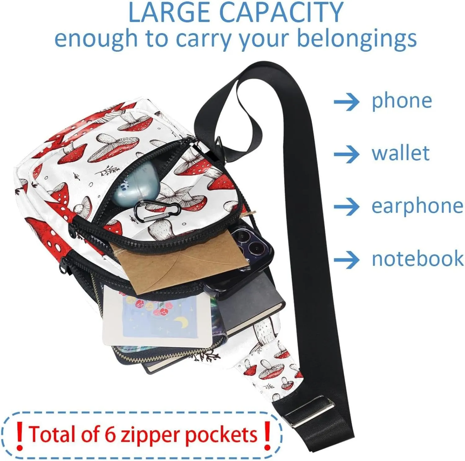 Small Sling Backpack Crossbody Sling Bag, Chest Bag Daypack, Red Mashrooms