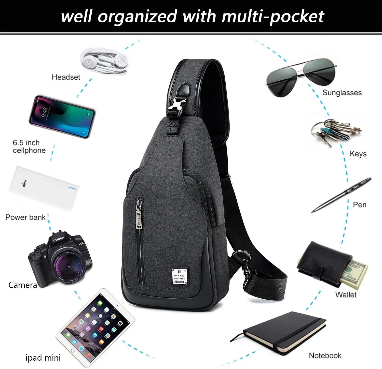 Small Sling Bag Crossbody Backpack Over the Shoulder Bag for Men Women Travel Outdoors, Lightweight Chest Pack (Small, Black)