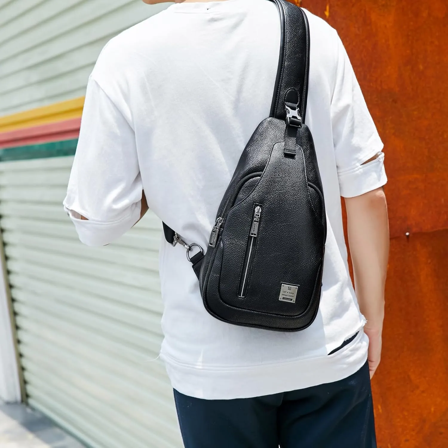 Small Sling Bag Crossbody Backpack Over the Shoulder Bag for Men Women Travel Outdoors, Lightweight Chest Pack (Small, PU leather)