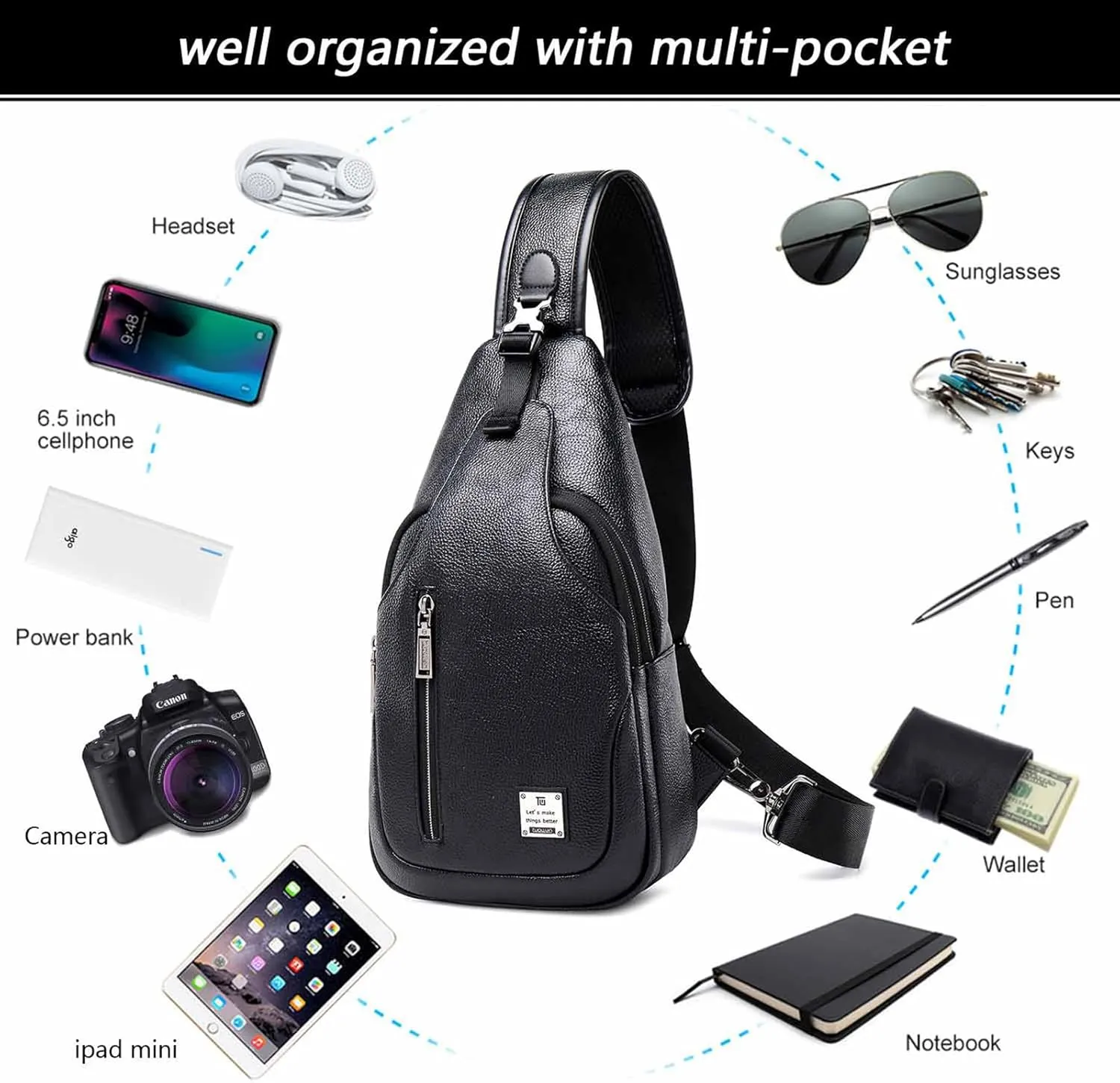 Small Sling Bag Crossbody Backpack Over the Shoulder Bag for Men Women Travel Outdoors, Lightweight Chest Pack (Small, PU leather)