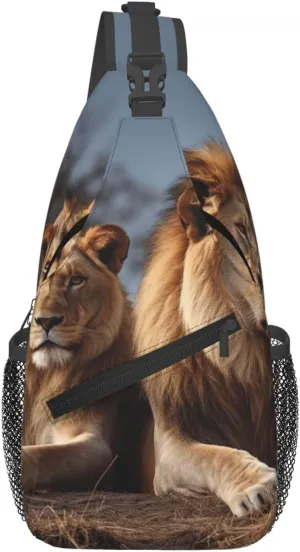 Small Sling Bag for Women Men Two lions Crossbody Bag Casual Hiking Chest Bags Fashion Fanny Pack