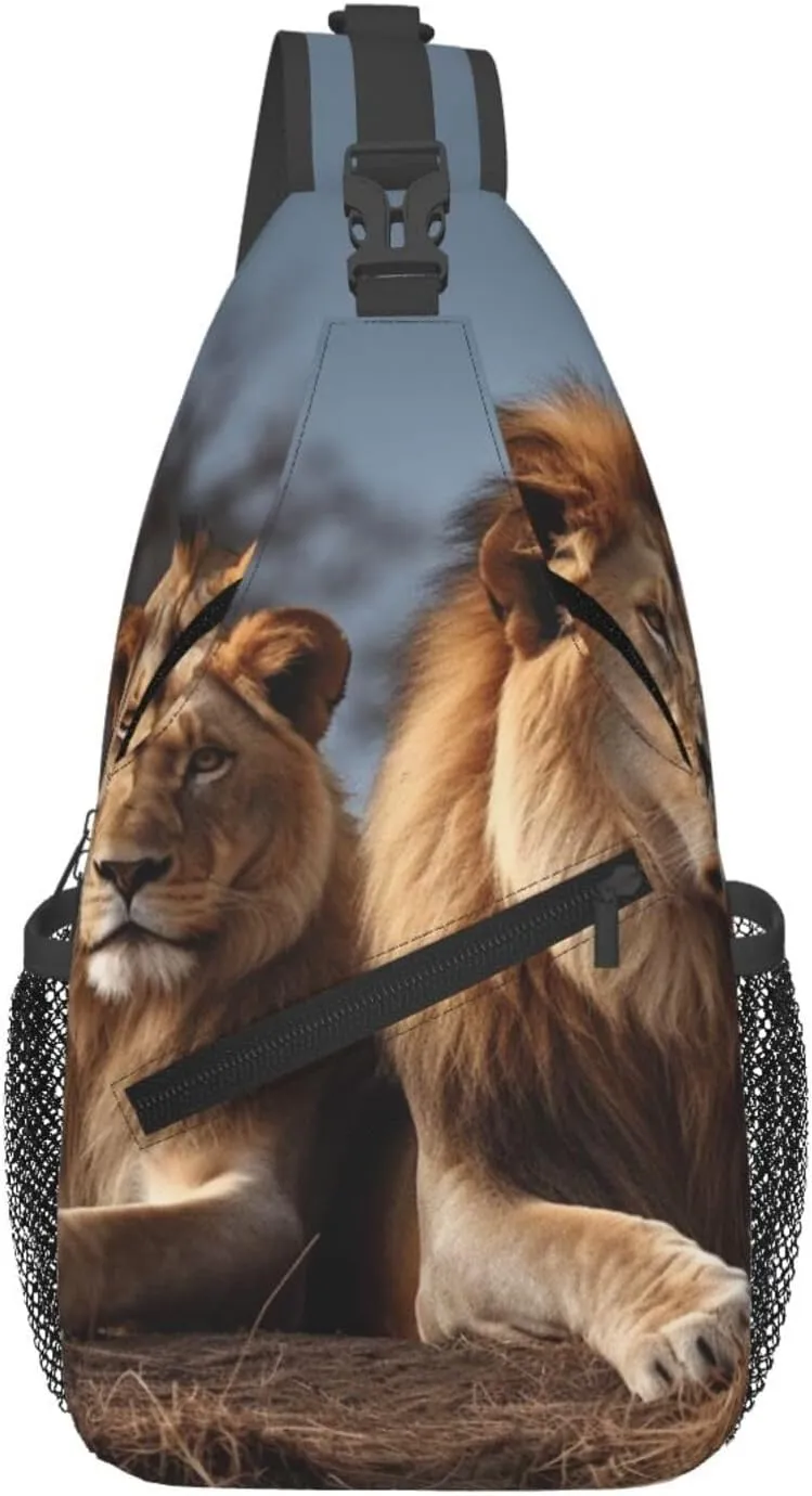 Small Sling Bag for Women Men Two lions Crossbody Bag Casual Hiking Chest Bags Fashion Fanny Pack