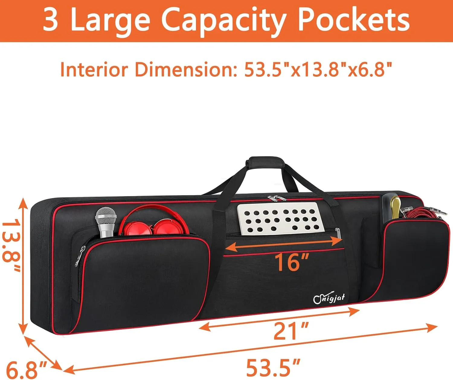 SNIGJAT 88 Key Keyboard Case Soft (Size: 53.5"x13.8"x6.8"), Padded Piano Case with Handle and Adjustable Shoulder Straps, Keyboard Gig Bag with 3 Pockets for Music Sheet Stand, Sustain Pedals, Cables