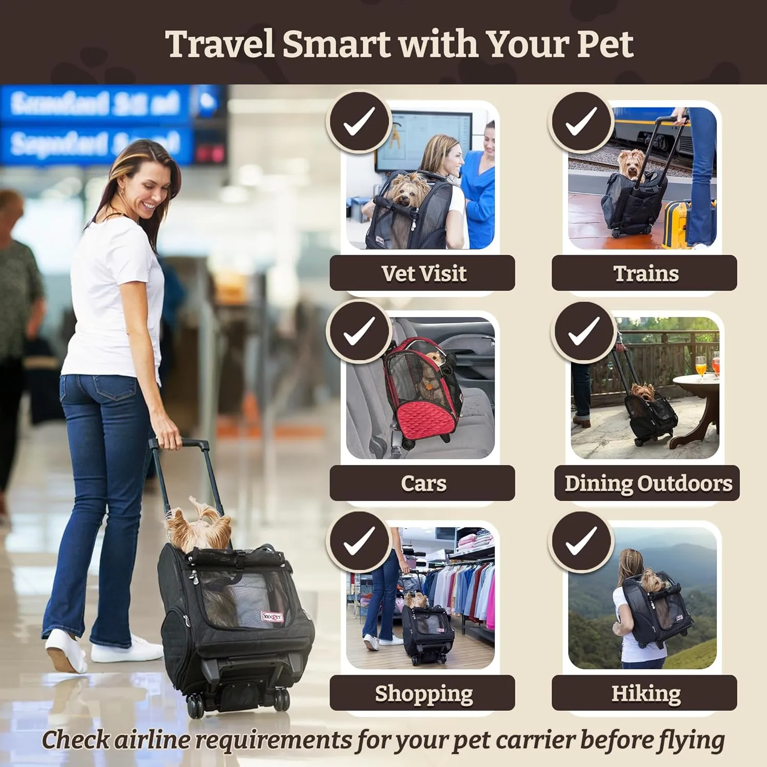 Snoozer Roll Around Travel Dog Carrier Backpack 4-in-1 - Rolling Pet Carrier for Cats & Dogs, Pet Stroller, Travel Bag for Pets Up to 30 Lbs - Large, Black & Grey