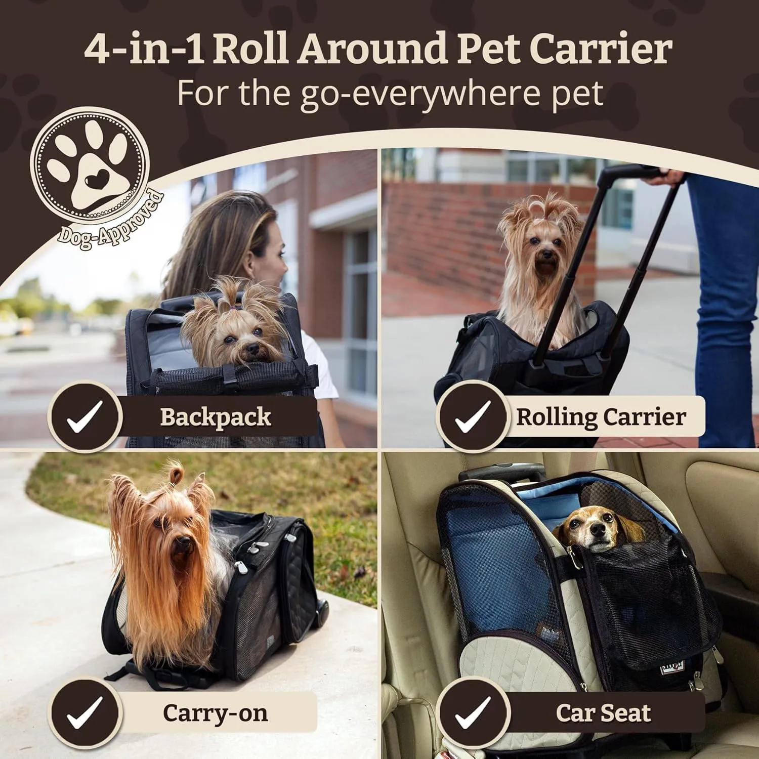 Snoozer Roll Around Travel Dog Carrier Backpack 4-in-1 - Rolling Pet Carrier for Cats & Dogs, Pet Stroller, Travel Bag for Pets Up to 30 Lbs - Large, Black & Grey