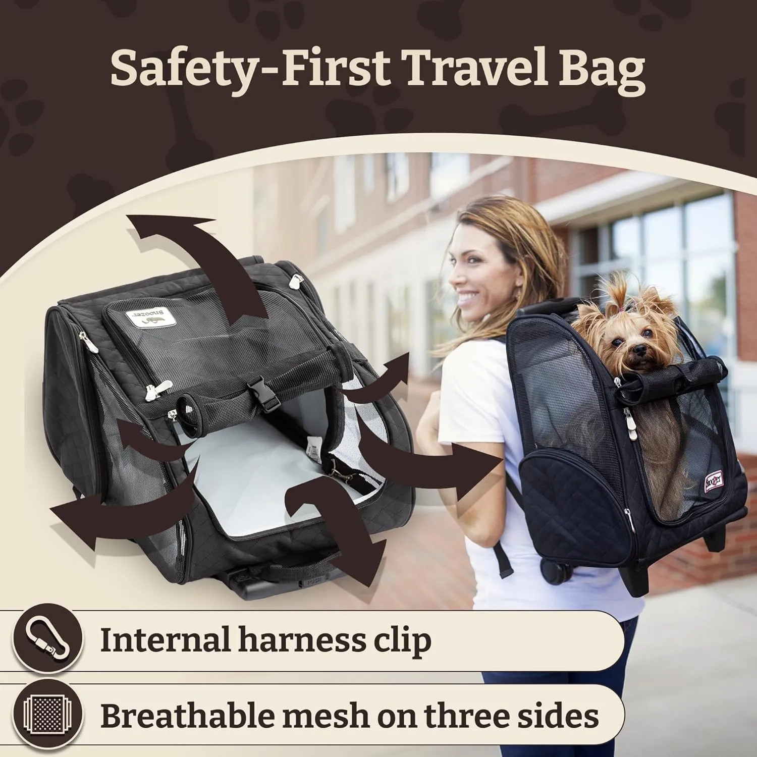 Snoozer Roll Around Travel Dog Carrier Backpack 4-in-1 - Rolling Pet Carrier for Cats & Dogs, Pet Stroller, Travel Bag for Pets Up to 30 Lbs - Large, Black & Grey
