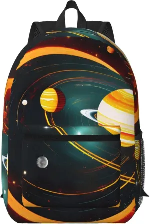 Solar System Jupiter Saturn backpack, 17 inch backpack with pockets, adjustable shoulder straps, large capacity backpack, Black, One Size, Black, One Size