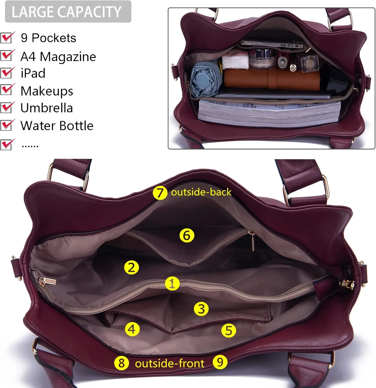Soperwillton Purses for Women Large Shoulder Handbag Tote PU Leather Hobo Crossbody Bag Ladies Wallet Set 4pcs