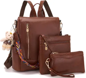 Soperwillton Women Backpack Purse PU Leather Anti-theft Fashion Shoulder Bag Travel Backpack Set 3pcs
