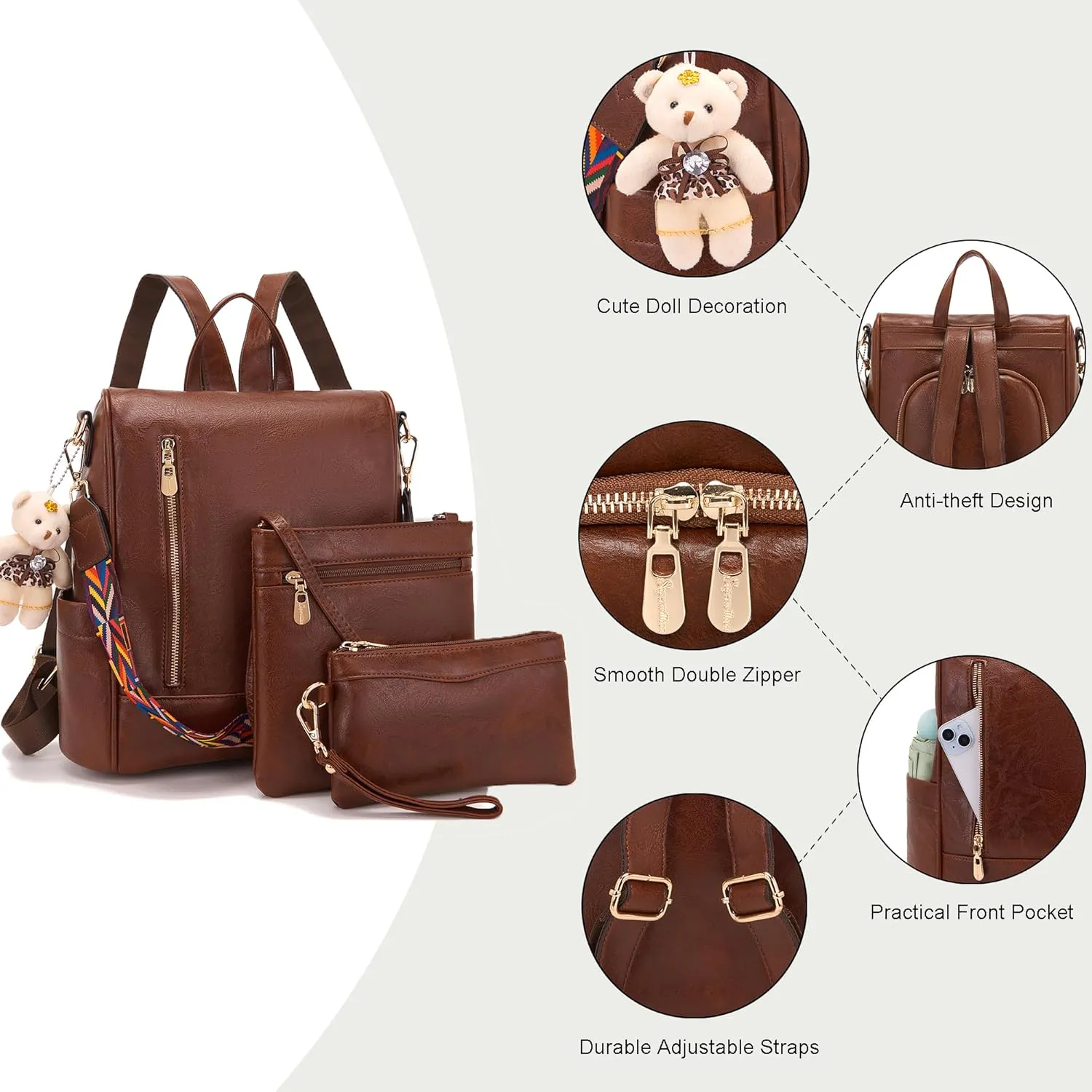 Soperwillton Women Backpack Purse PU Leather Anti-theft Fashion Shoulder Bag Travel Backpack Set 3pcs