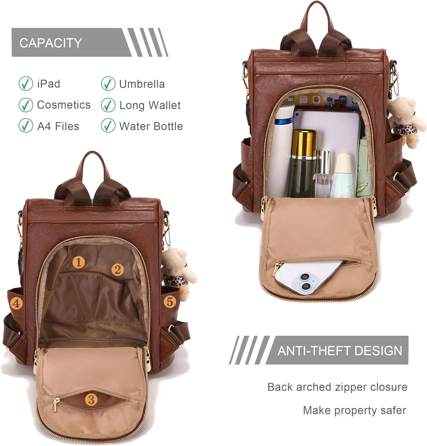 Soperwillton Women Backpack Purse PU Leather Anti-theft Fashion Shoulder Bag Travel Backpack Set 3pcs