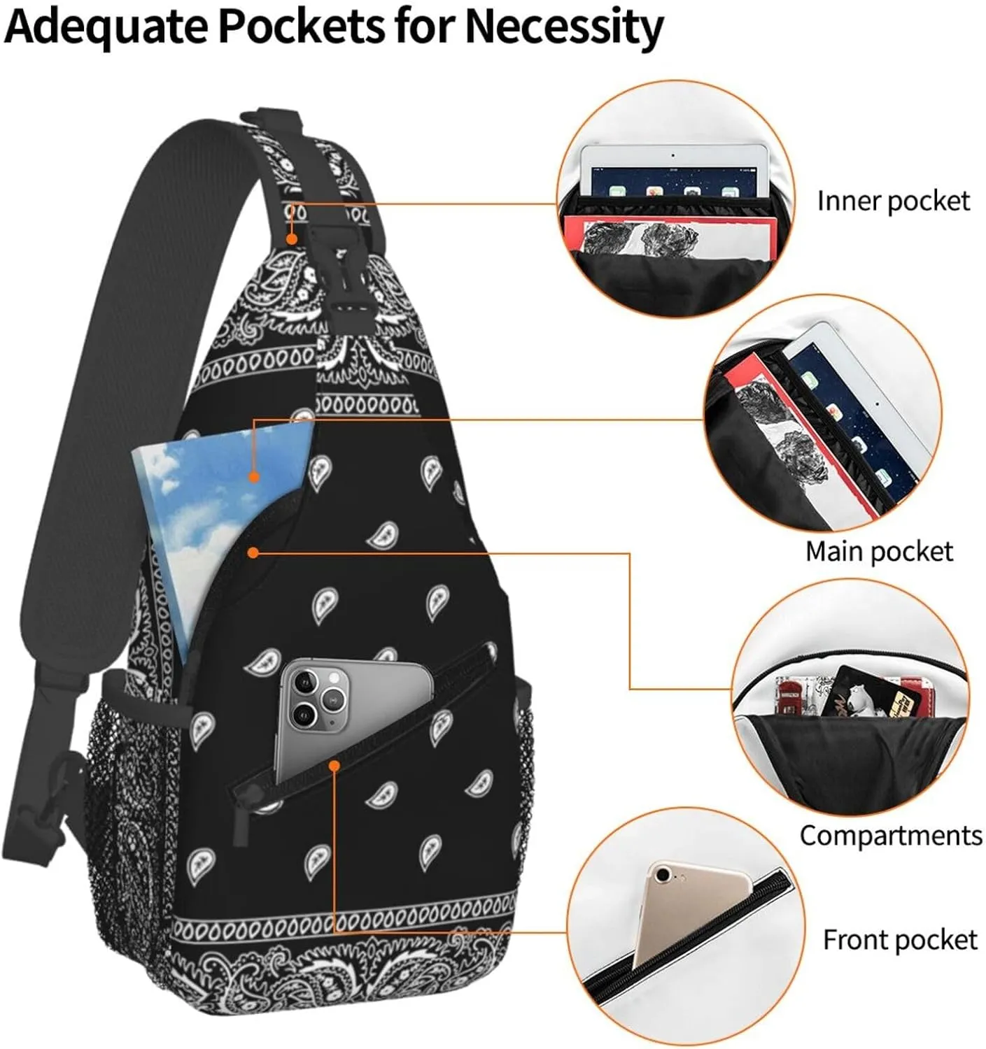 Southwest Navy Blue Bandana Paisley Men'S Crossbody Bag Travel Hiking Shoulder Backpack Chest Bag