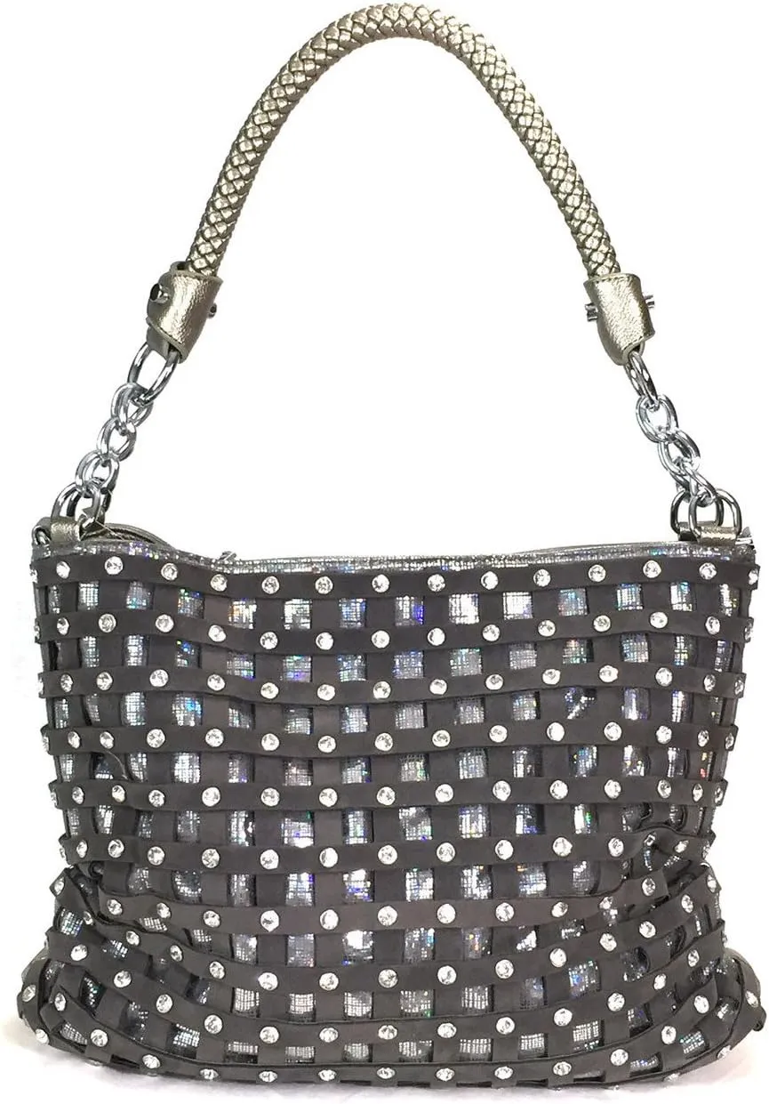 Sparkle Rhinestone Suede Hobo Handbag Pewter