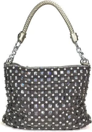 Sparkle Rhinestone Suede Hobo Handbag Pewter