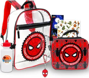 Spiderman Clear Backpack with Lunch Box - Bundle with 16" Marvel Backpack for Boys, Lunch Box, Water Bottle, Tattoos, More | Transparent Spiderman Backpack for Kids School Supplies