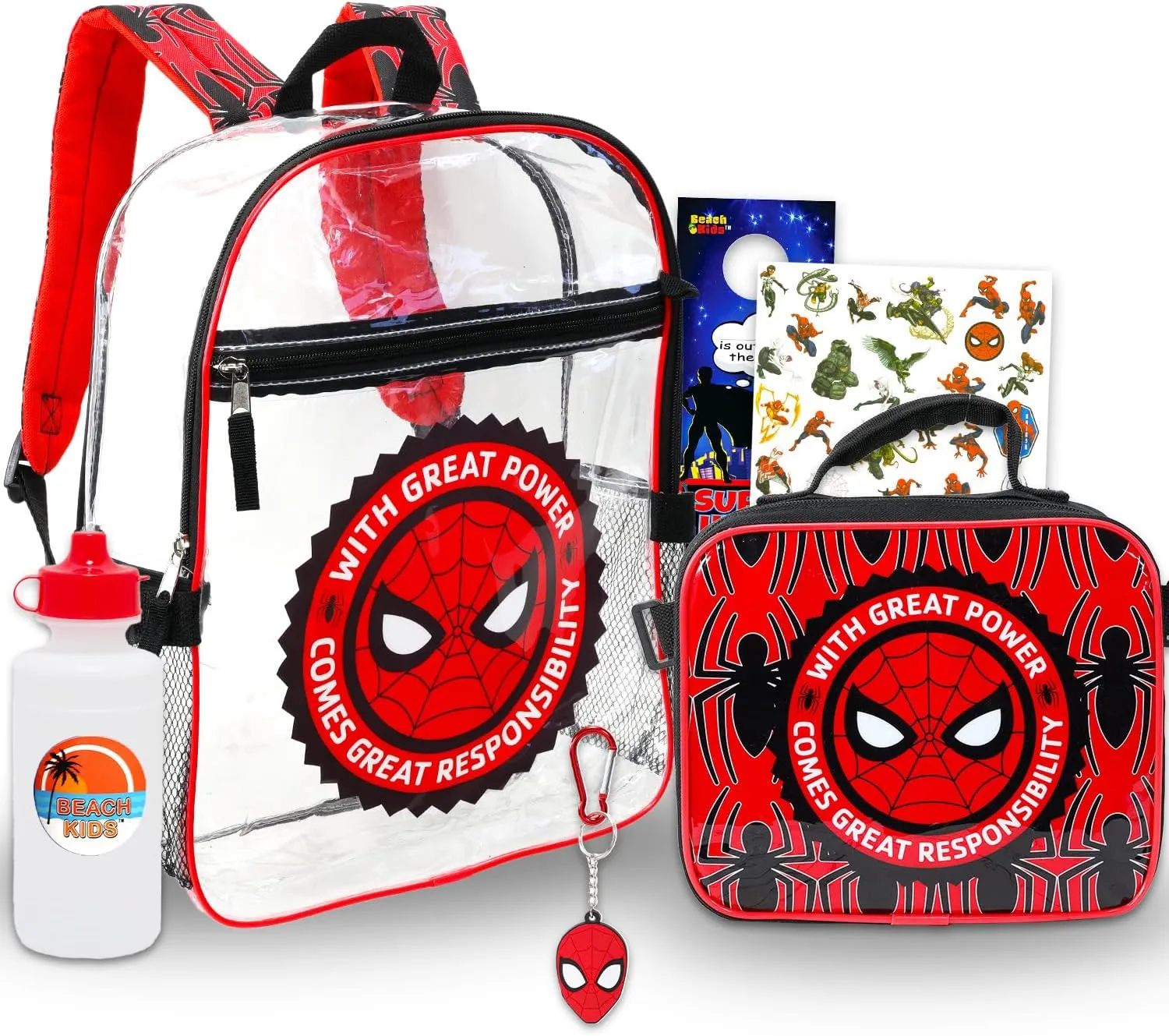 Spiderman Clear Backpack with Lunch Box - Bundle with 16" Marvel Backpack for Boys, Lunch Box, Water Bottle, Tattoos, More | Transparent Spiderman Backpack for Kids School Supplies