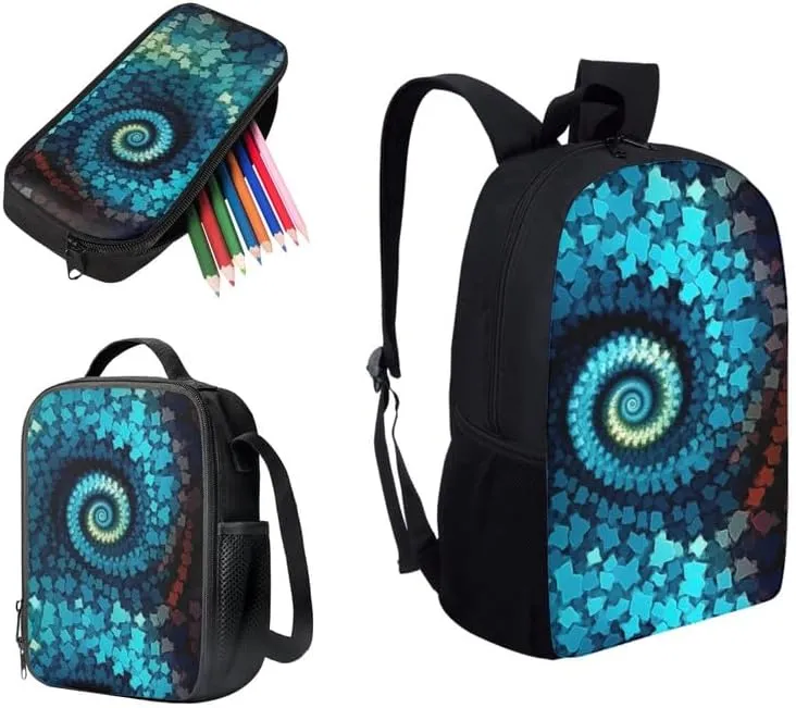 Spiral Marbles Boys Girls Backpacks Sets Marble Painting Canvas Lunch Bag Aesthetic Modern Arts Double Zipper Pencil Box for Junior Senior Students