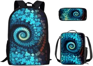Spiral Marbles Boys Girls Backpacks Sets Marble Painting Canvas Lunch Bag Aesthetic Modern Arts Double Zipper Pencil Box for Junior Senior Students