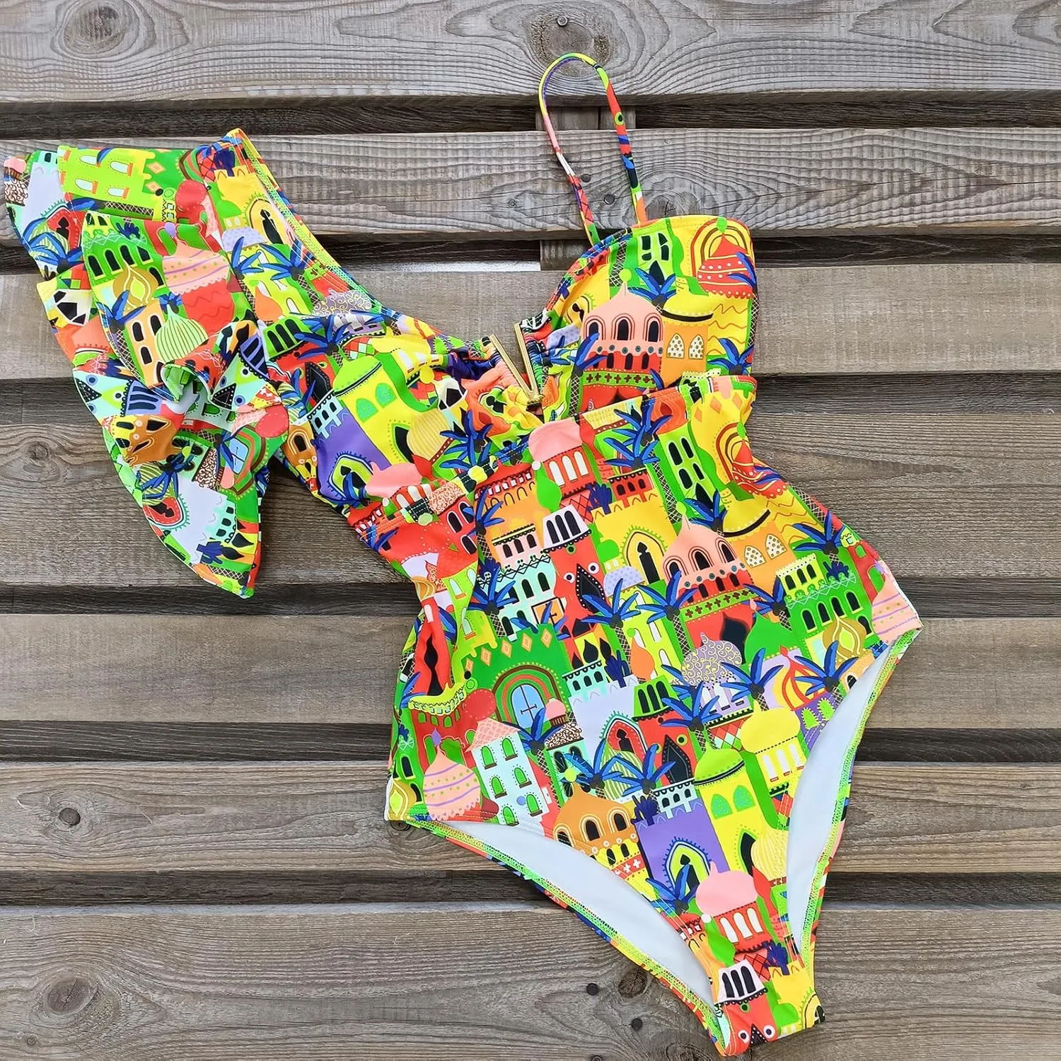SPORLIKE Women One Piece Swimsuit Ruffle One Shoulder Bathing Suit Padded Monokini