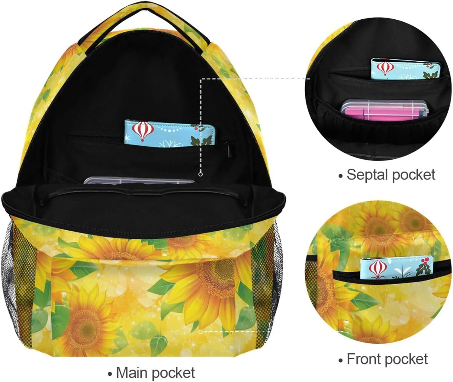 Sport Backpack for Teacher Nurse Fashion School Book Bag with Chest Strap for Business Work College Travel Trip Parents' Day Beautiful Sunflower