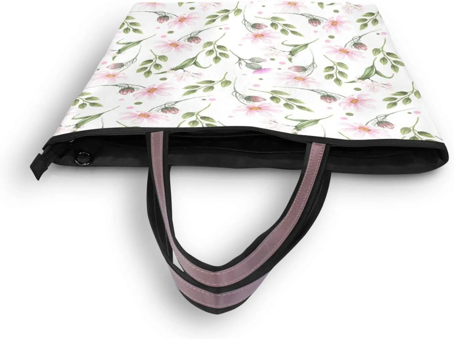 Spring Tote Bag for Women With Zipper Pocket Polyester Tote Purse Flower Handbag