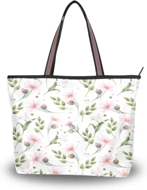 Spring Tote Bag for Women With Zipper Pocket Polyester Tote Purse Flower Handbag