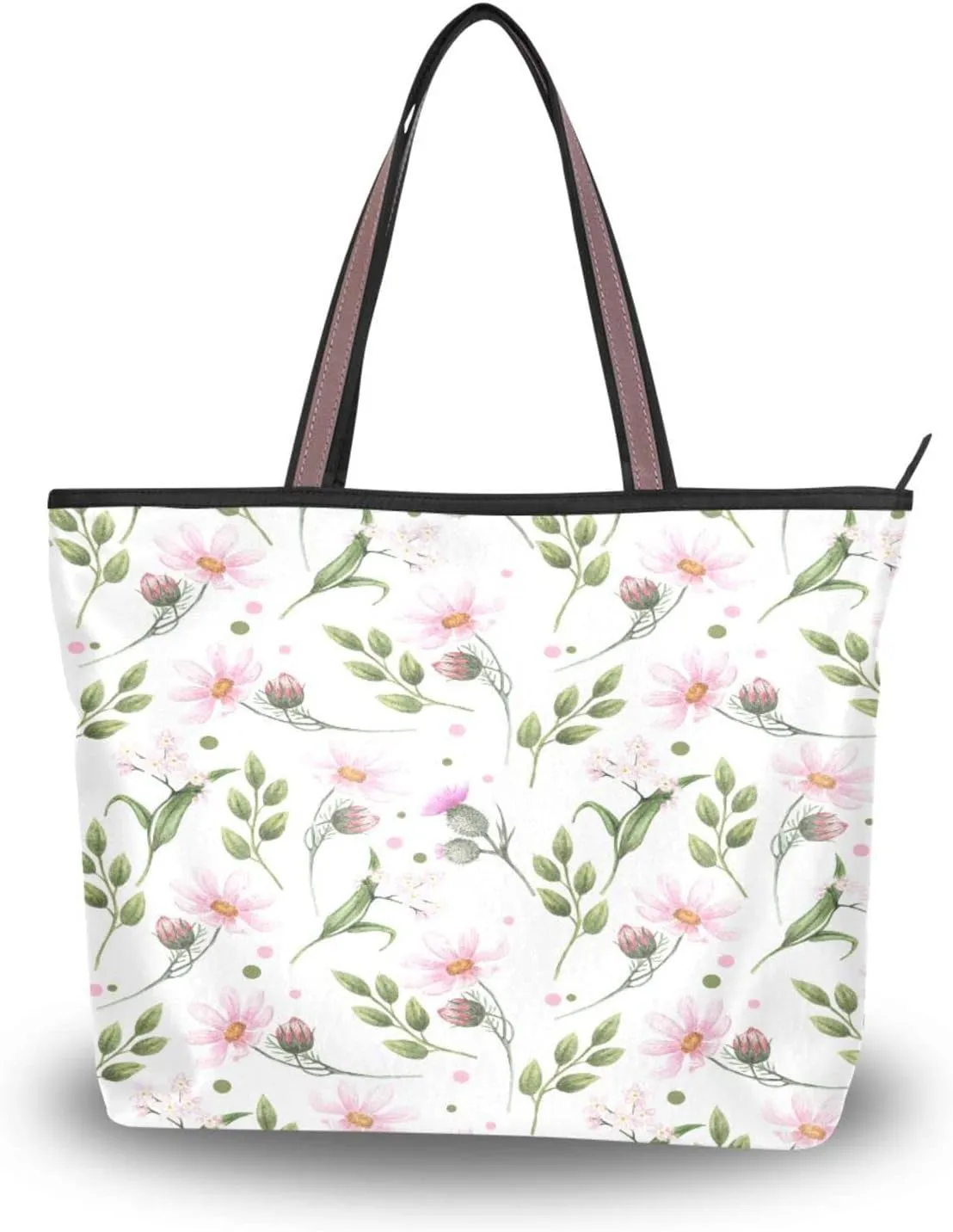 Spring Tote Bag for Women With Zipper Pocket Polyester Tote Purse Flower Handbag