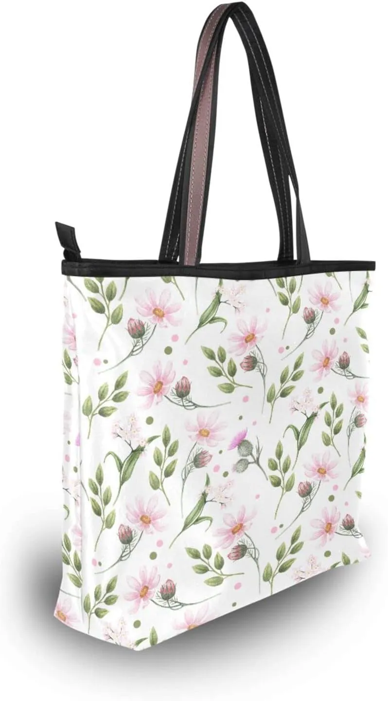 Spring Tote Bag for Women With Zipper Pocket Polyester Tote Purse Flower Handbag