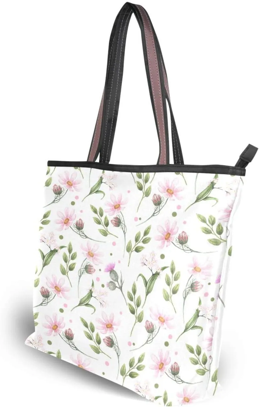 Spring Tote Bag for Women With Zipper Pocket Polyester Tote Purse Flower Handbag