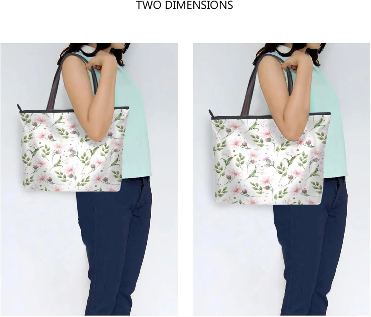 Spring Tote Bag for Women With Zipper Pocket Polyester Tote Purse Flower Handbag