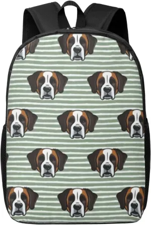St Bernard Dog On Sage Stripes Backpack, 17 Inch Travel Business Laptop Backpack For Women Men