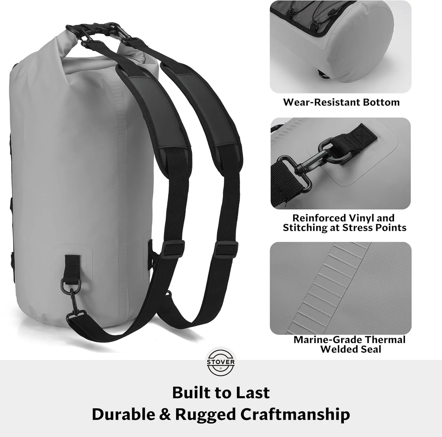 STOVER 5/10/25/30/40/55L Waterproof Dry Backpack- Medium Floating Dry Bag for Kayaking, Travel, Tubing, Hiking, Fishing, Camping, Motorcycles & the Beach, Heavy-Duty Roll Top Men/Women (Grey)