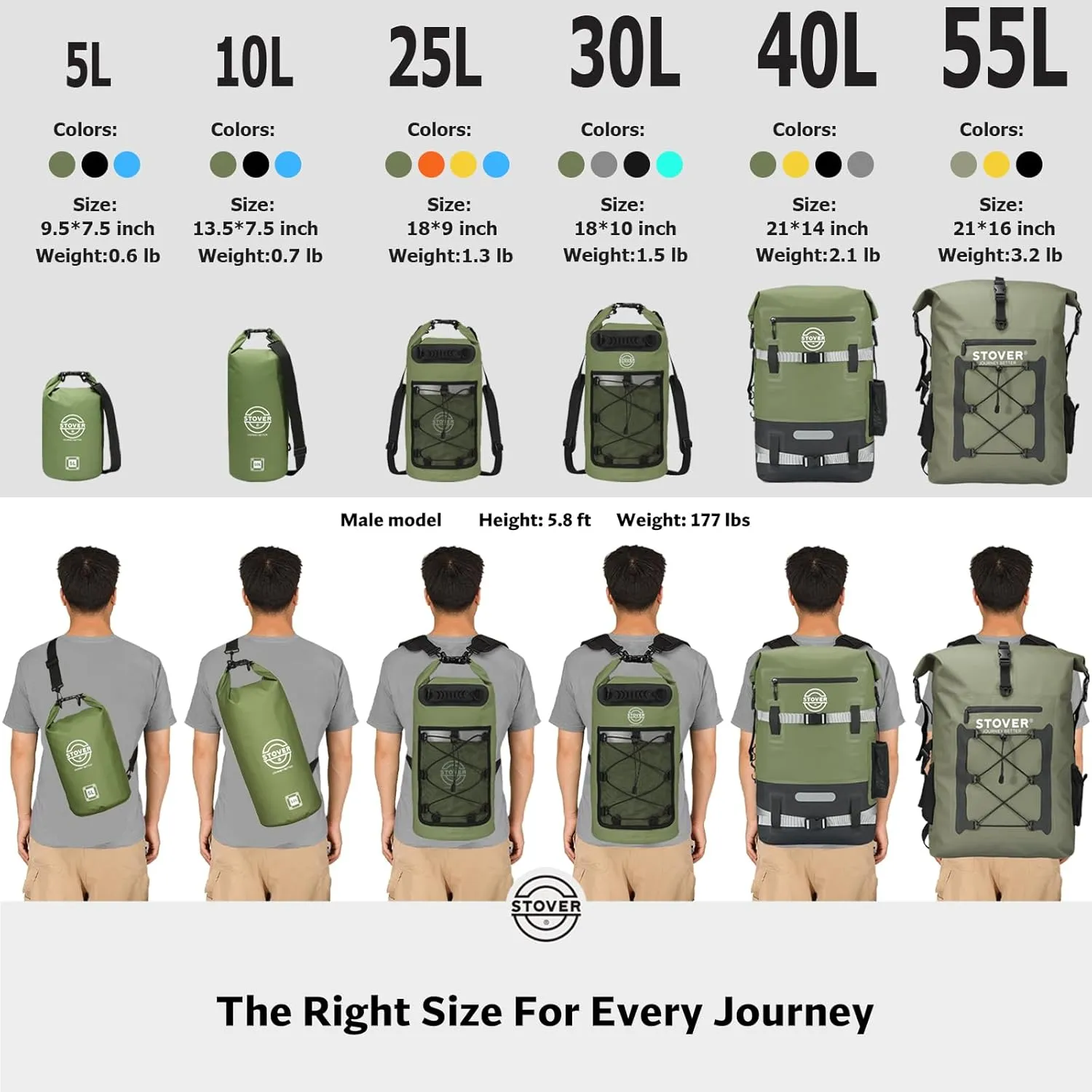 STOVER 5/10/25/30/40/55L Waterproof Dry Backpack- Medium Floating Dry Bag for Kayaking, Travel, Tubing, Hiking, Fishing, Camping, Motorcycles & the Beach, Heavy-Duty Roll Top Men/Women (Grey)