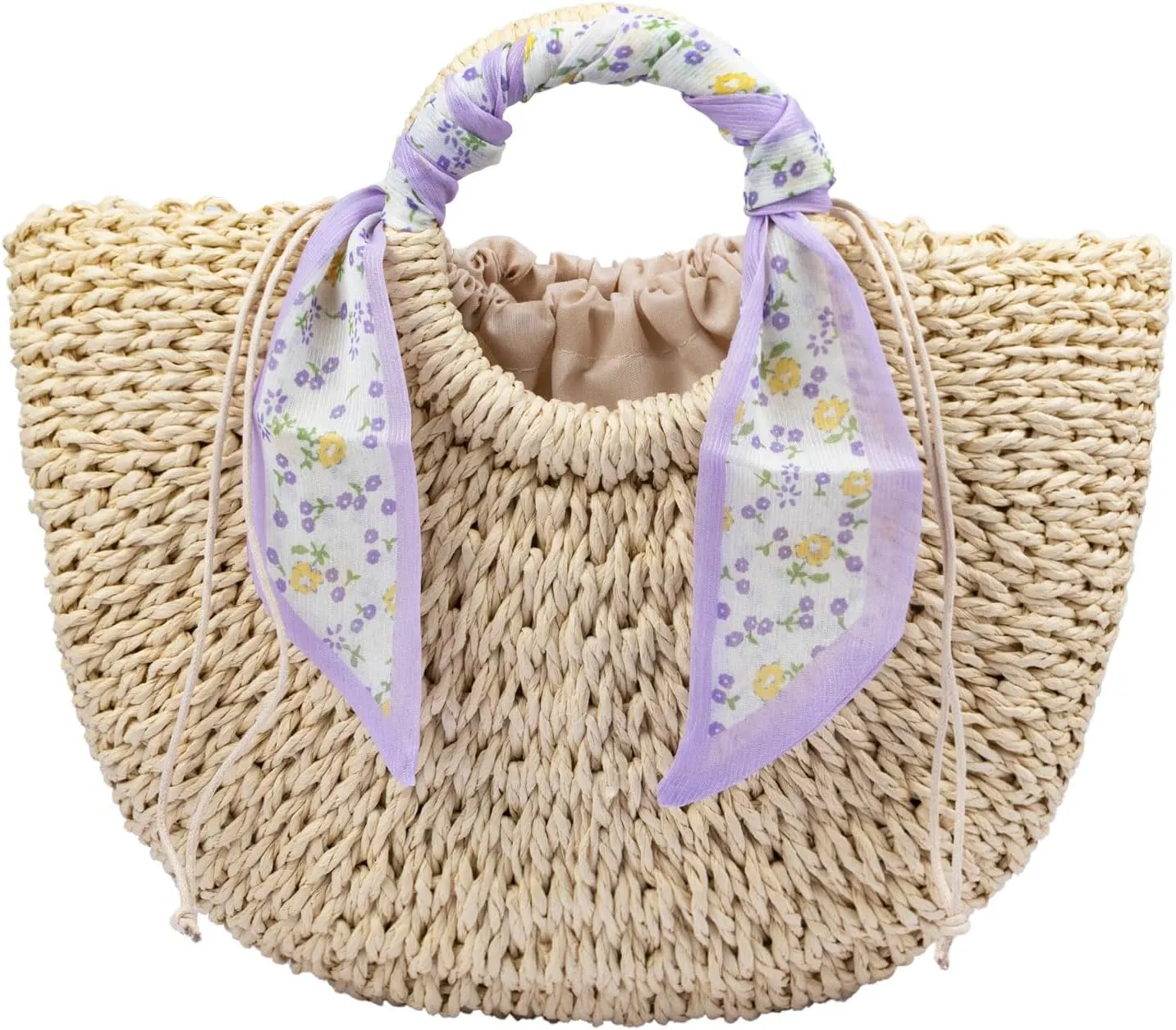 Straw Beach Bag for Women,Boho Chic Straw Purse for Travel, Vacations Summer Woven Tote with Silk Scarf & Shell