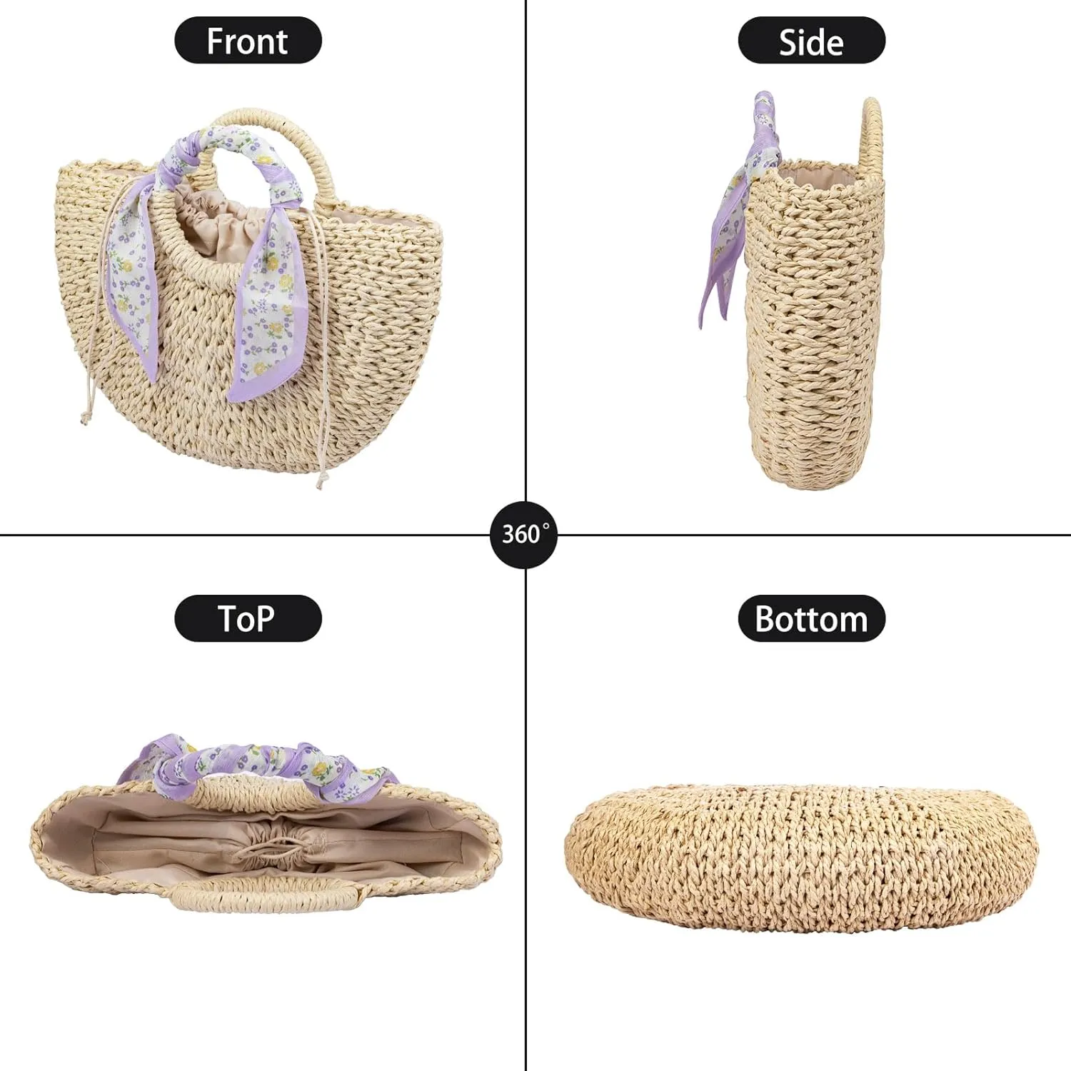 Straw Beach Bag for Women,Boho Chic Straw Purse for Travel, Vacations Summer Woven Tote with Silk Scarf & Shell