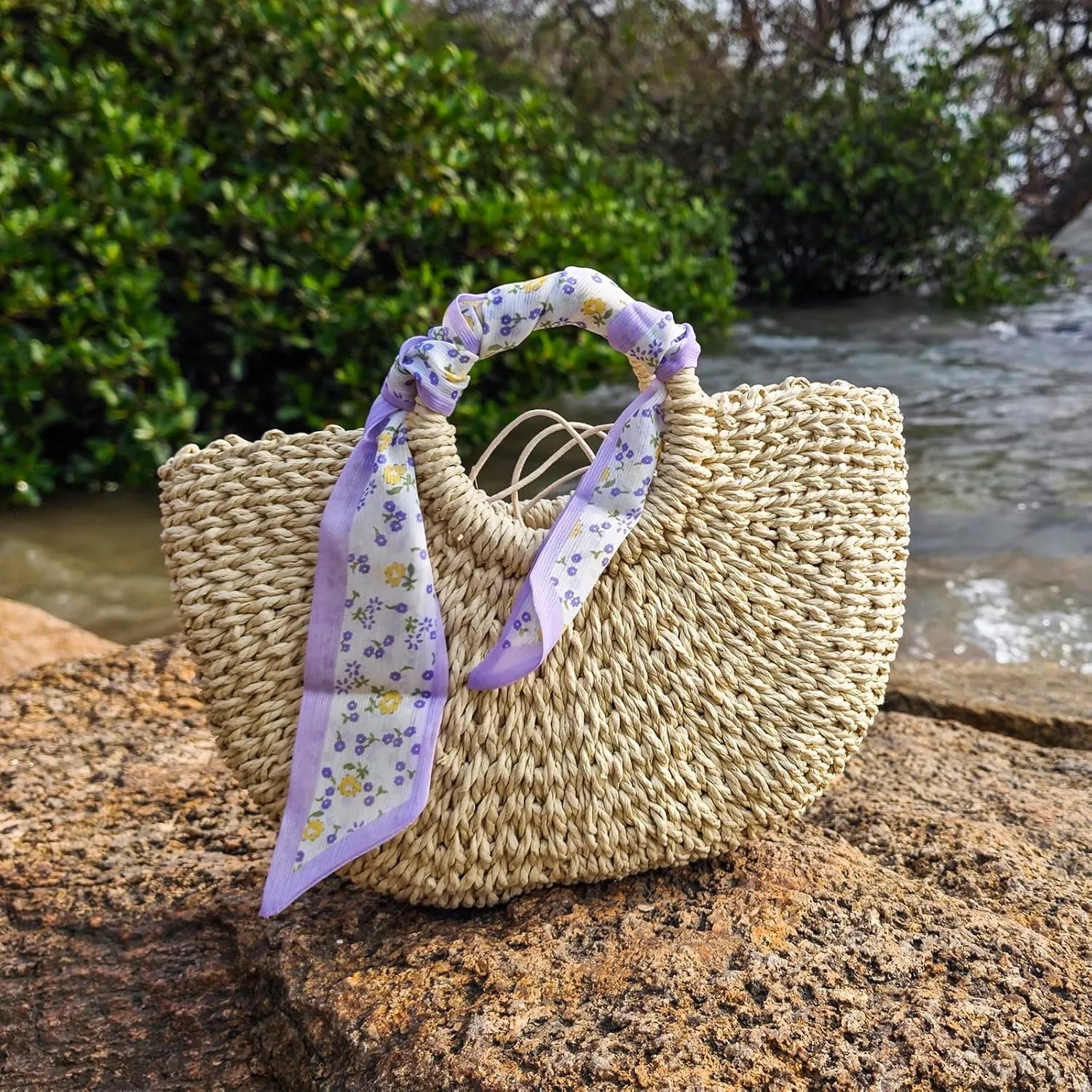 Straw Beach Bag for Women,Boho Chic Straw Purse for Travel, Vacations Summer Woven Tote with Silk Scarf & Shell