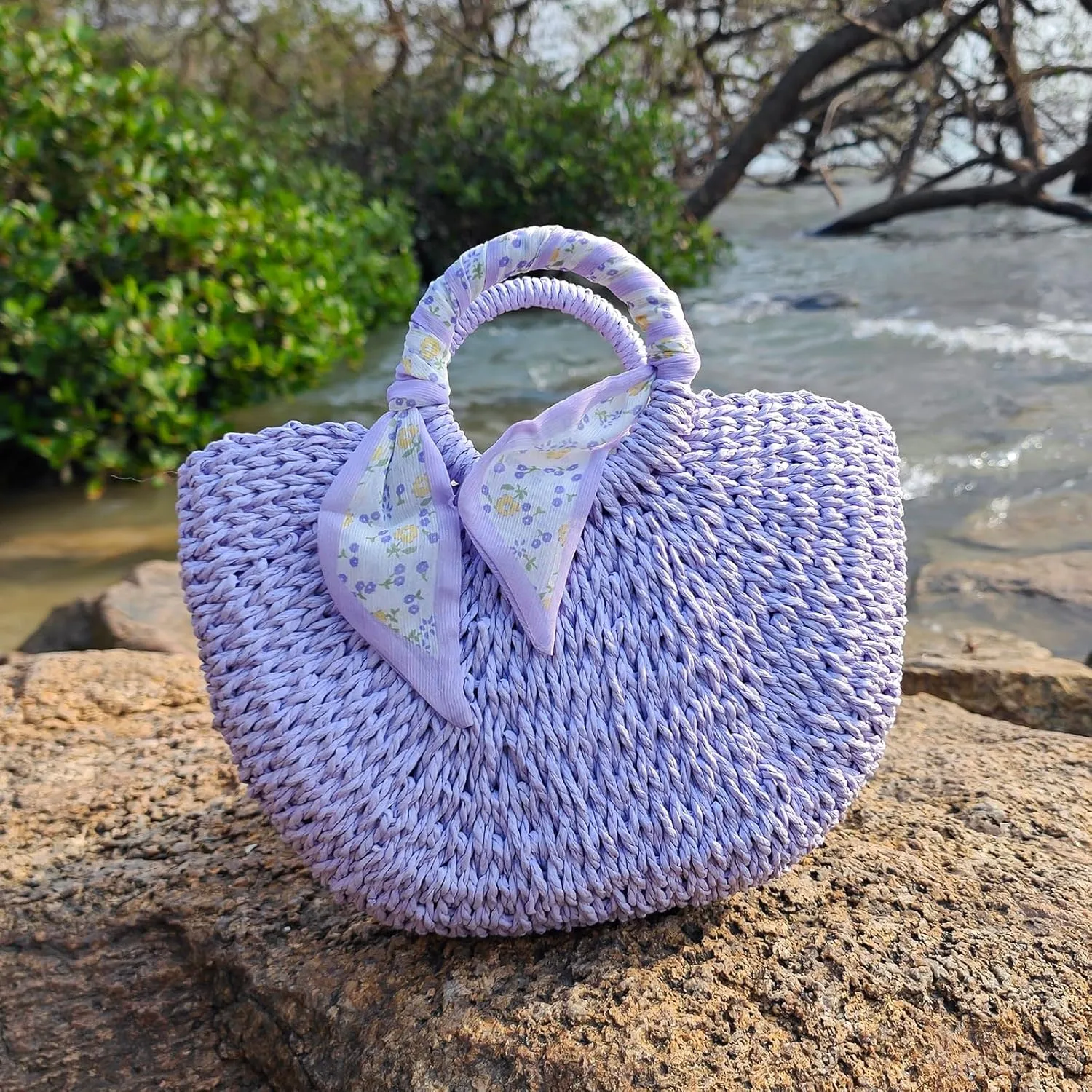 Straw Beach Bag for Women,Boho Chic Straw Purse for Travel, Vacations Summer Woven Tote with Silk Scarf & Shell