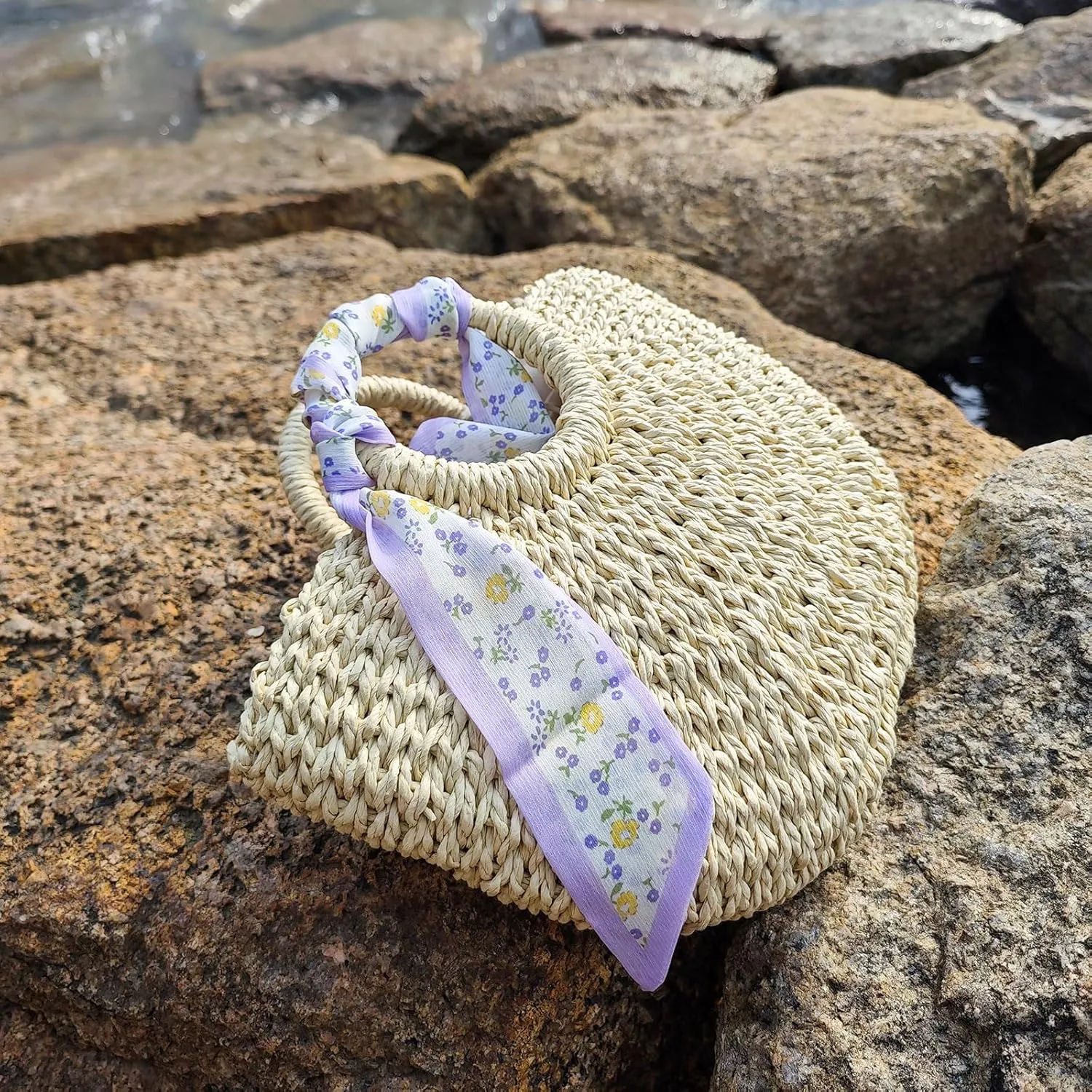 Straw Beach Bag for Women,Boho Chic Straw Purse for Travel, Vacations Summer Woven Tote with Silk Scarf & Shell