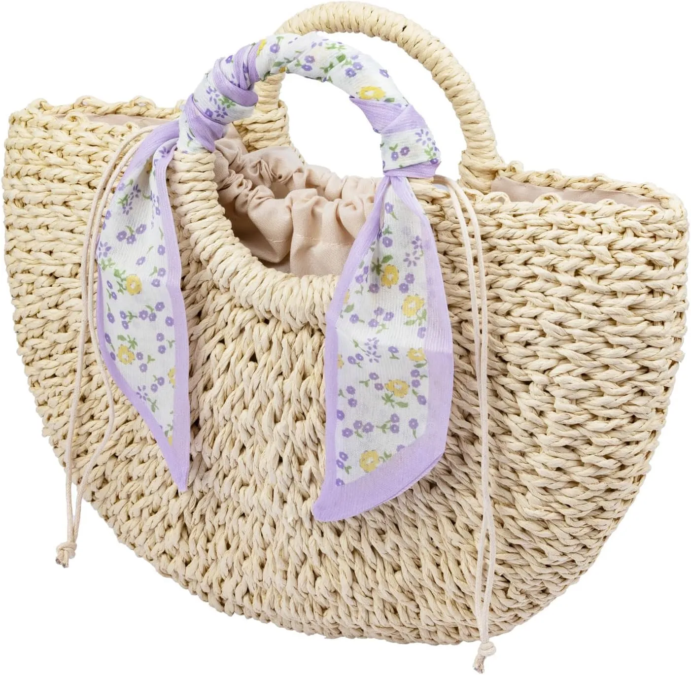 Straw Beach Bag for Women,Boho Chic Straw Purse for Travel, Vacations Summer Woven Tote with Silk Scarf & Shell