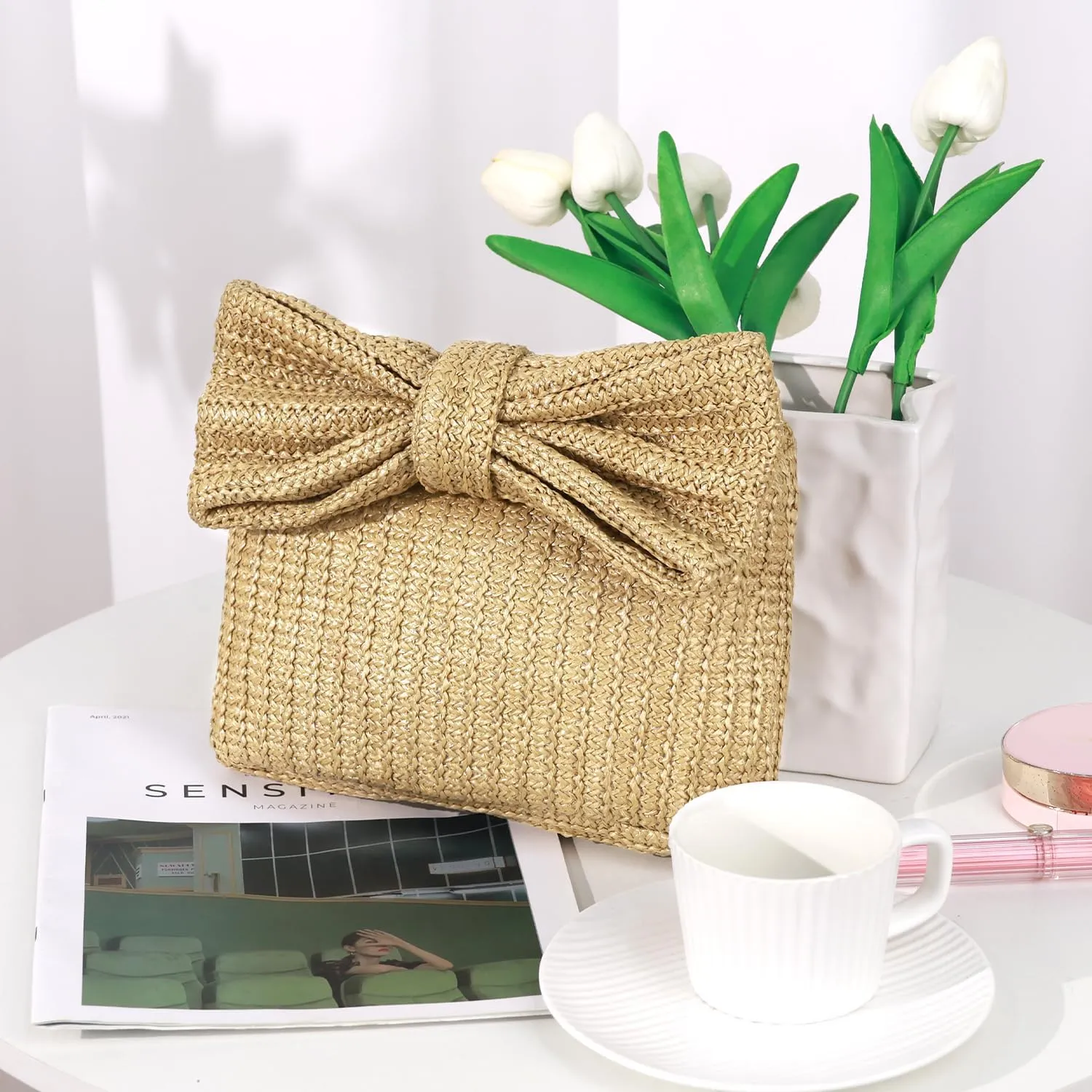 Straw Handbags Purses Crossbody Pocketbook Bag Casual Woven Beach Bags Summer Hobo Hippie Chic Tote Bags with Chain