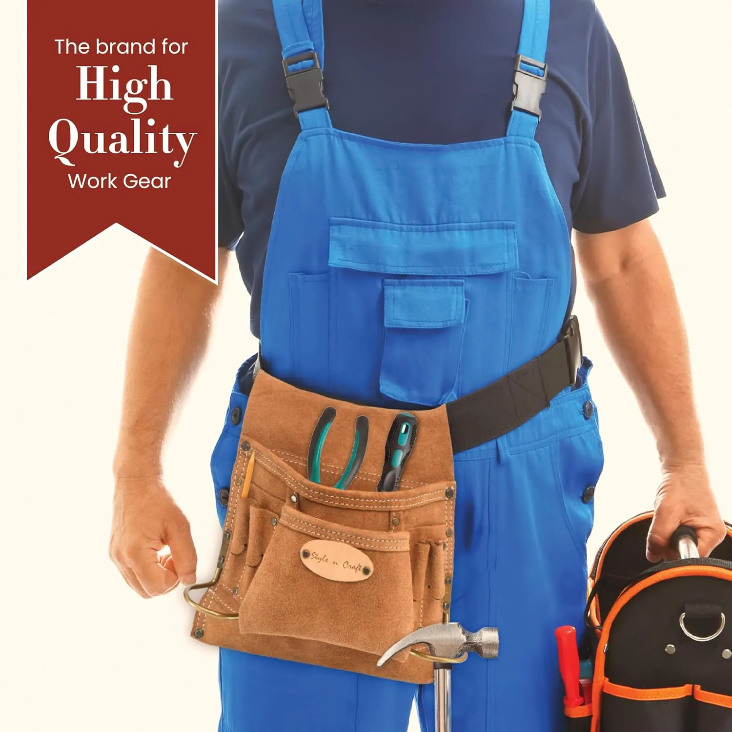 Style n Craft 8-Pocket Carpenter’s Nail and Tool Pouch, Heavy-Duty Suede Leather Tool Pouch, Dark Tan (88823)
