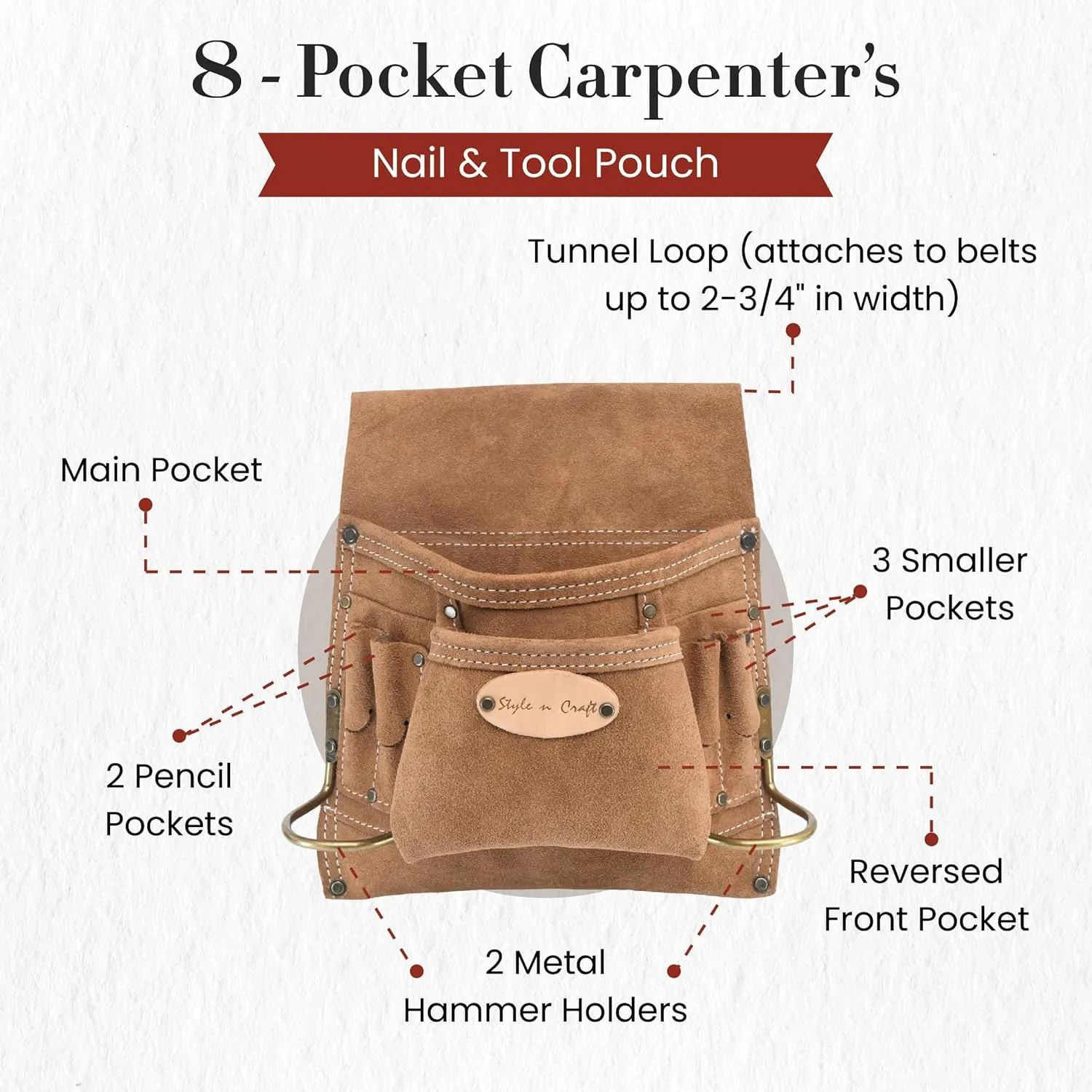 Style n Craft 8-Pocket Carpenter’s Nail and Tool Pouch, Heavy-Duty Suede Leather Tool Pouch, Dark Tan (88823)