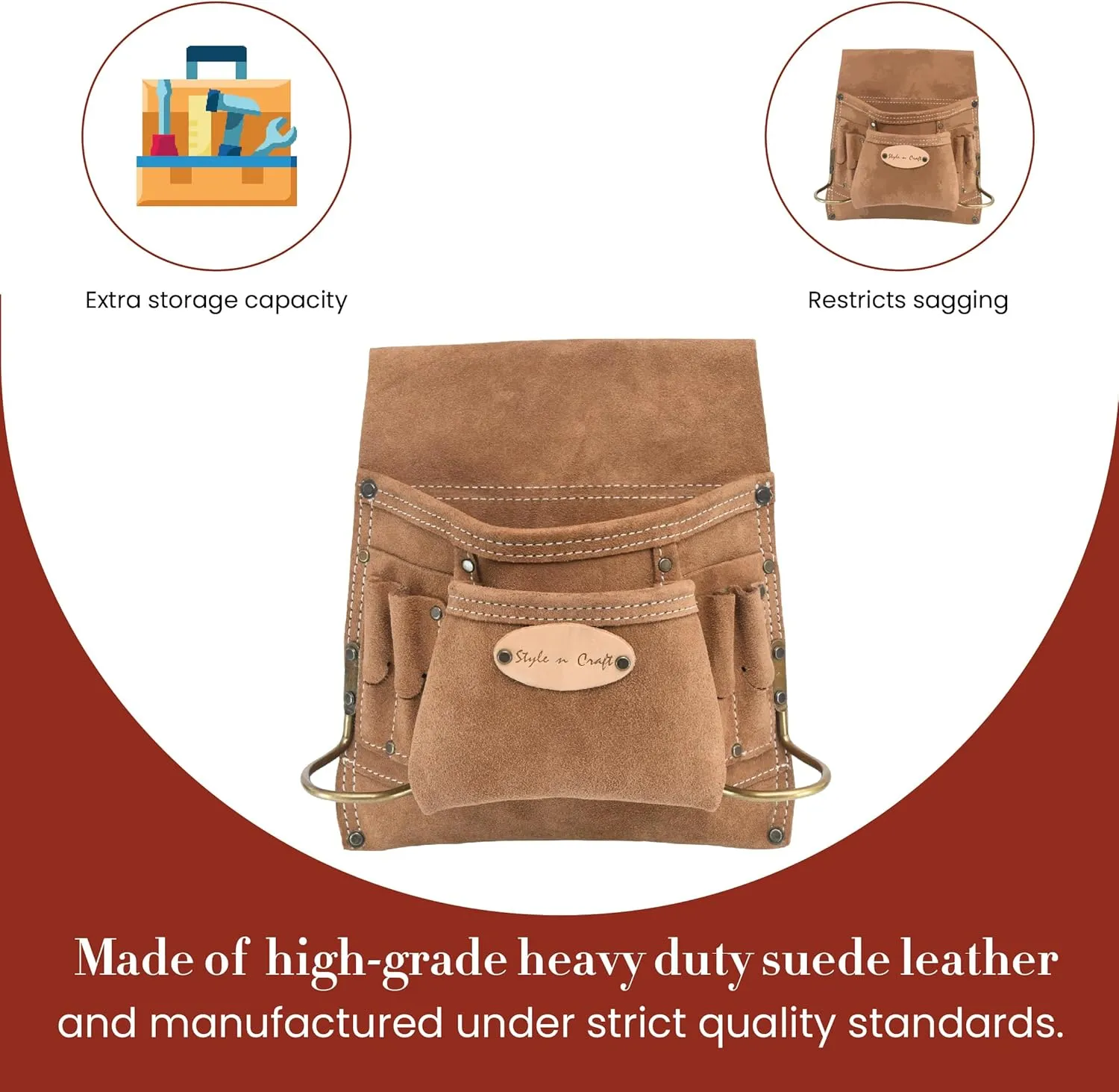 Style n Craft 8-Pocket Carpenter’s Nail and Tool Pouch, Heavy-Duty Suede Leather Tool Pouch, Dark Tan (88823)