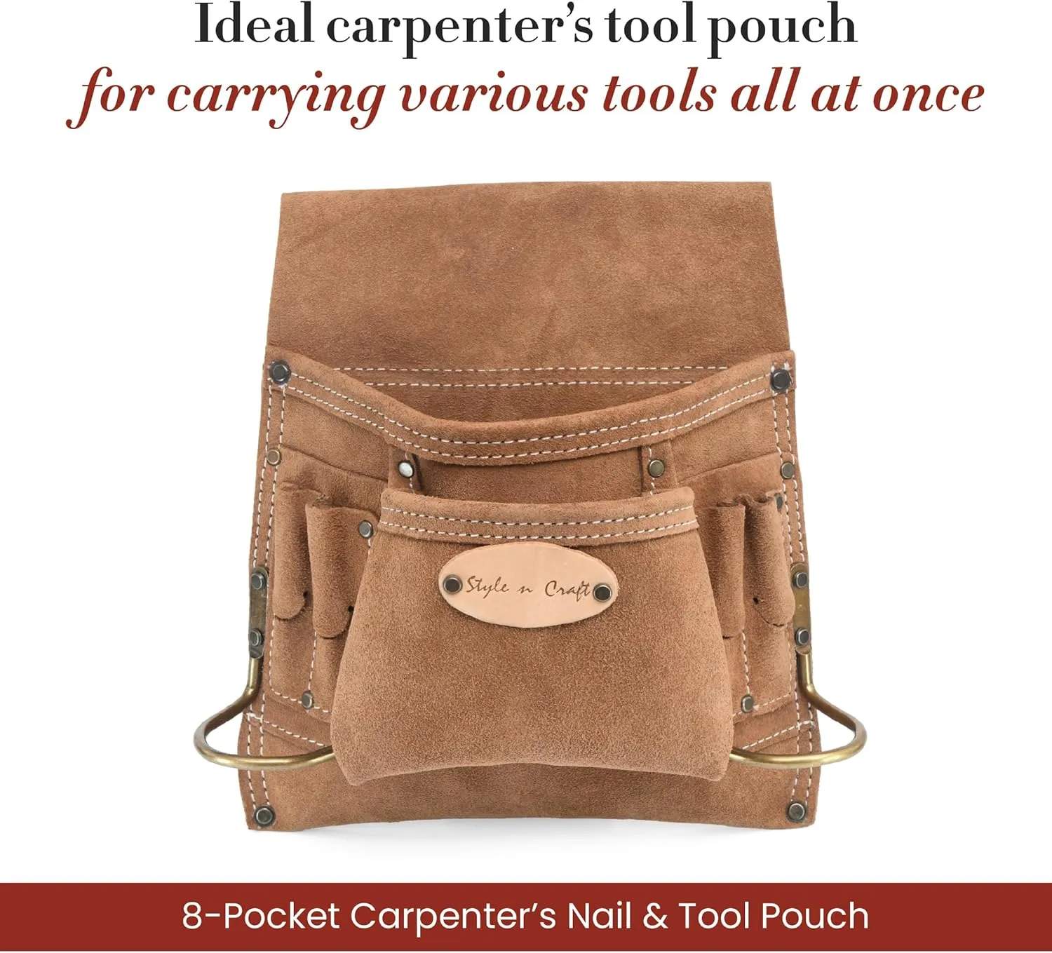 Style n Craft 8-Pocket Carpenter’s Nail and Tool Pouch, Heavy-Duty Suede Leather Tool Pouch, Dark Tan (88823)