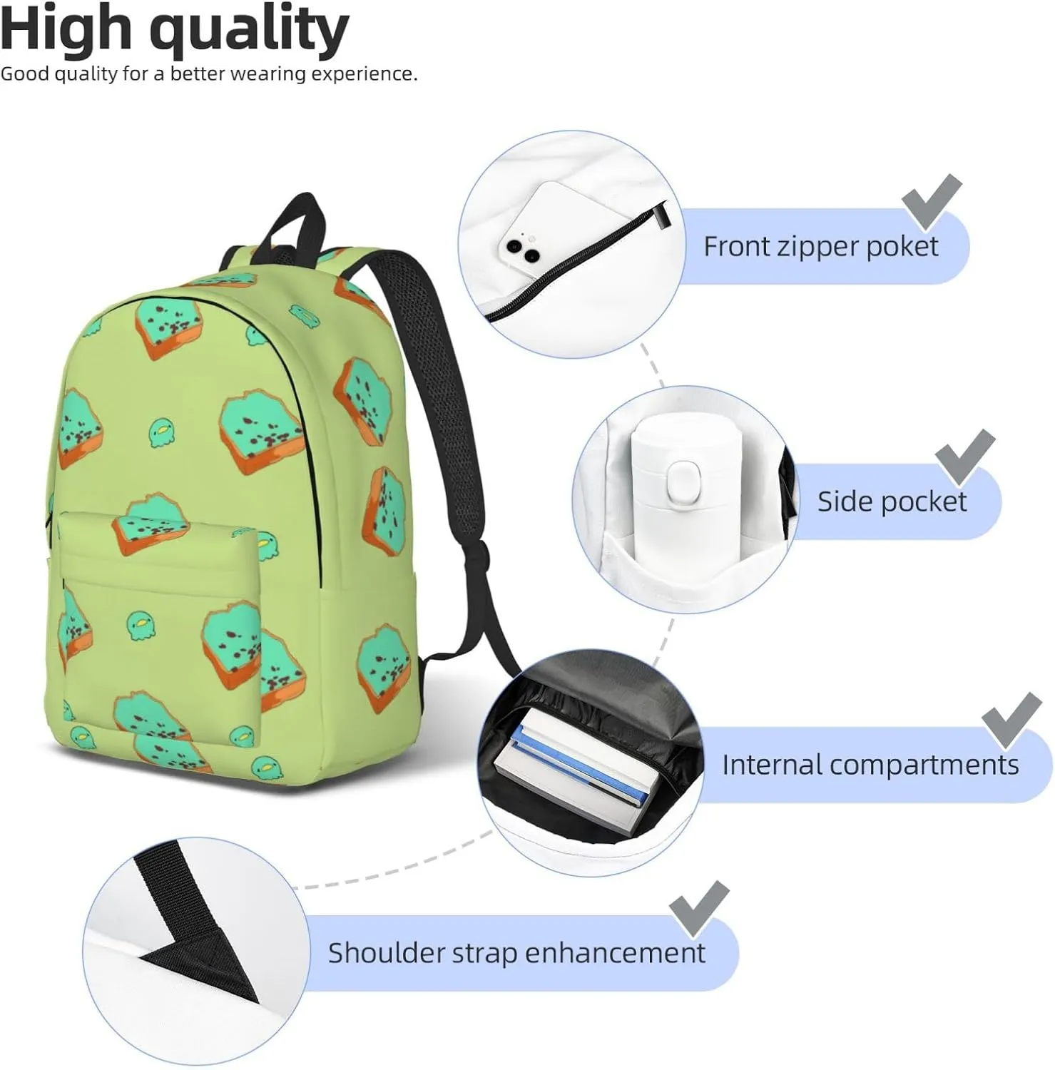 Stylish Canvas Casual Lightweight Backpack For Men, Women,Cartoon Bread Slices Laptop Travel Rucksack, Medium