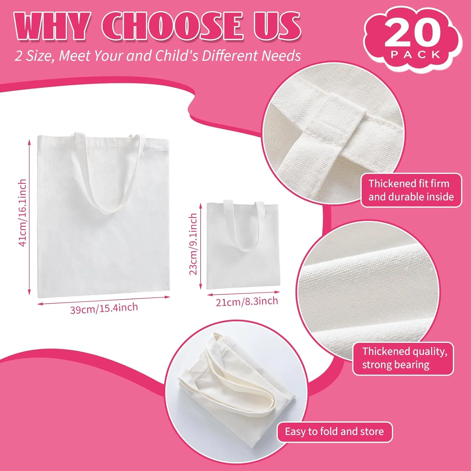 Sublimation Blank Tote Bags, 20Pack Canvas Tote Bags 16.1 x 15.4 Inch, 9.1 x 8.3 Inch Small Canvas Tote Bag Reusable Grocery Bags Shopping Cloth Bag for Heat Transfer, DIY, Decorating Craft, White