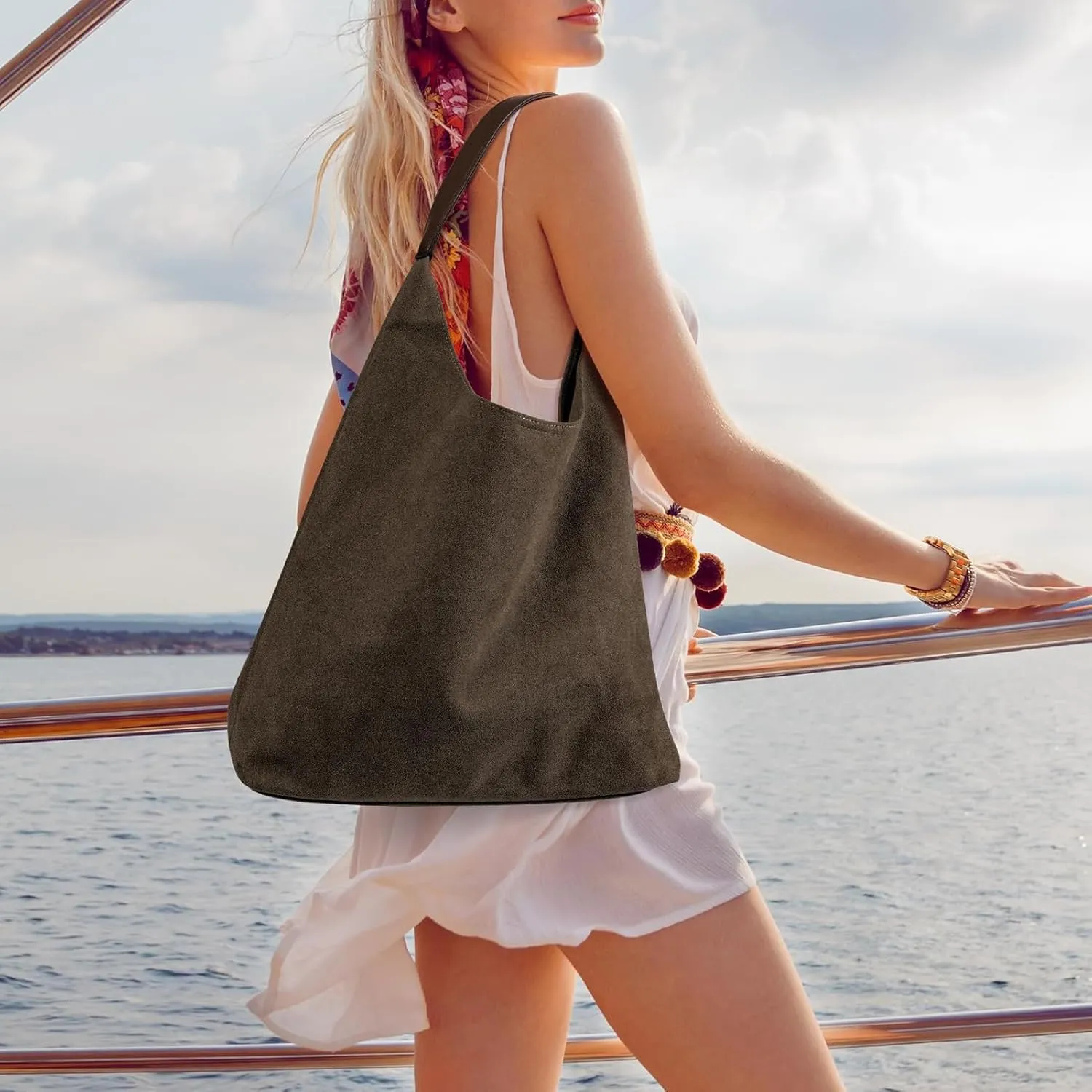 Suede Hobo Bag for Women 2 Pcs Purse Slouchy Faux Suede Tote Bag Leather Handbag