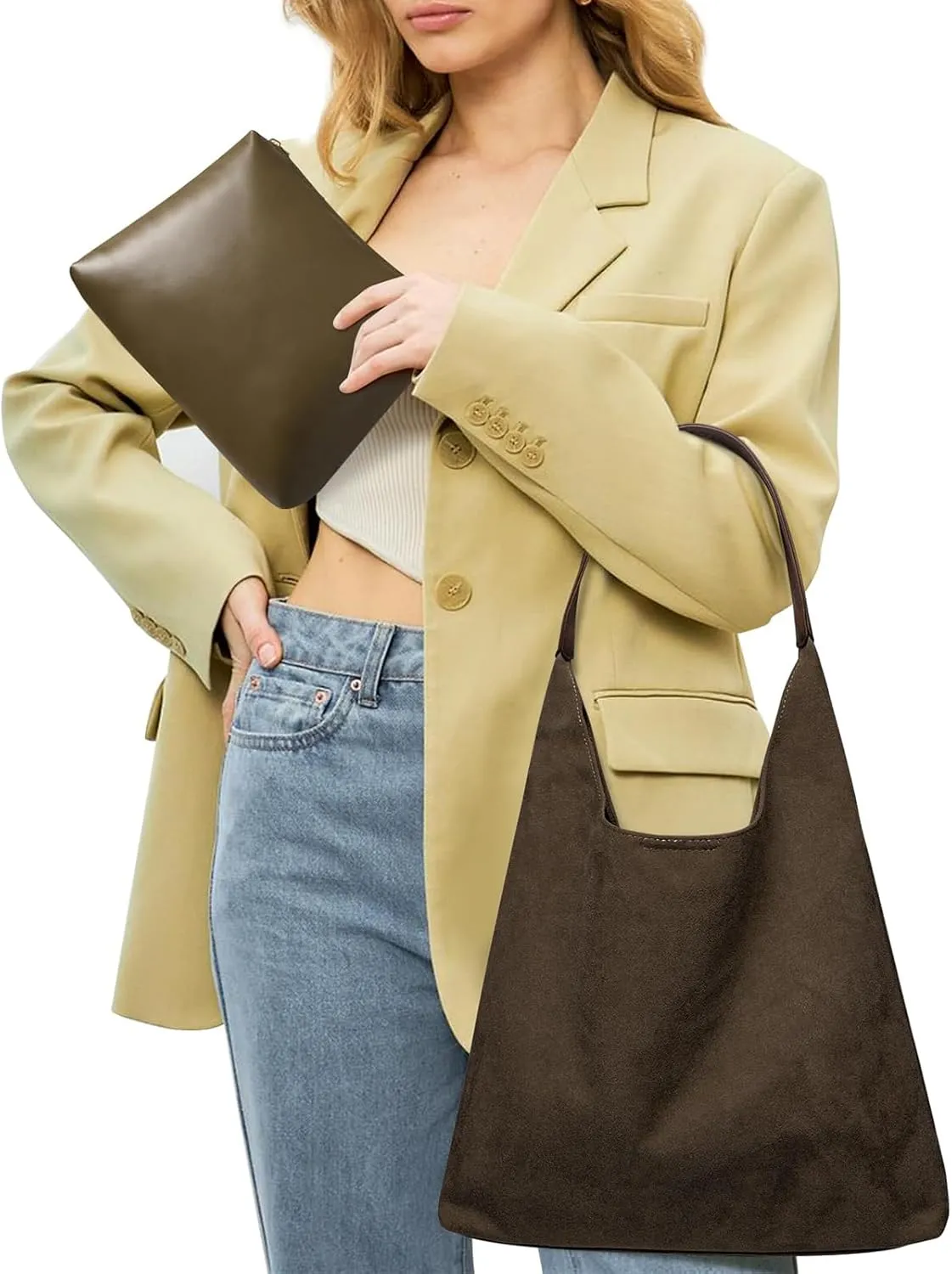 Suede Hobo Bag for Women 2 Pcs Purse Slouchy Faux Suede Tote Bag Leather Handbag